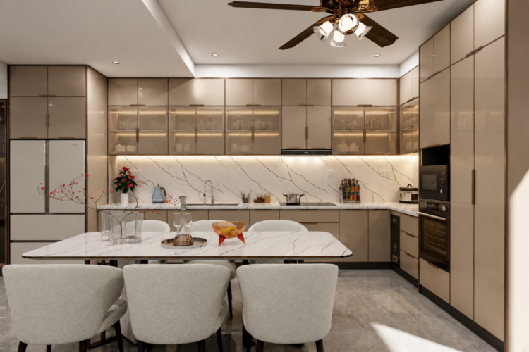 Tủ Bếp Nhôm Cánh Kính Đồng Bộ Với Thiết Kế Đá Vicostone
