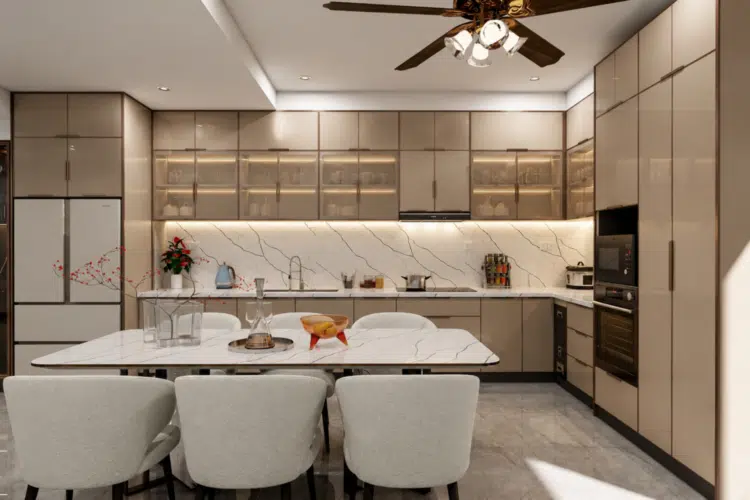Tủ Bếp Nhôm Cánh Kính Đồng Bộ Với Thiết Kế Đá Vicostone