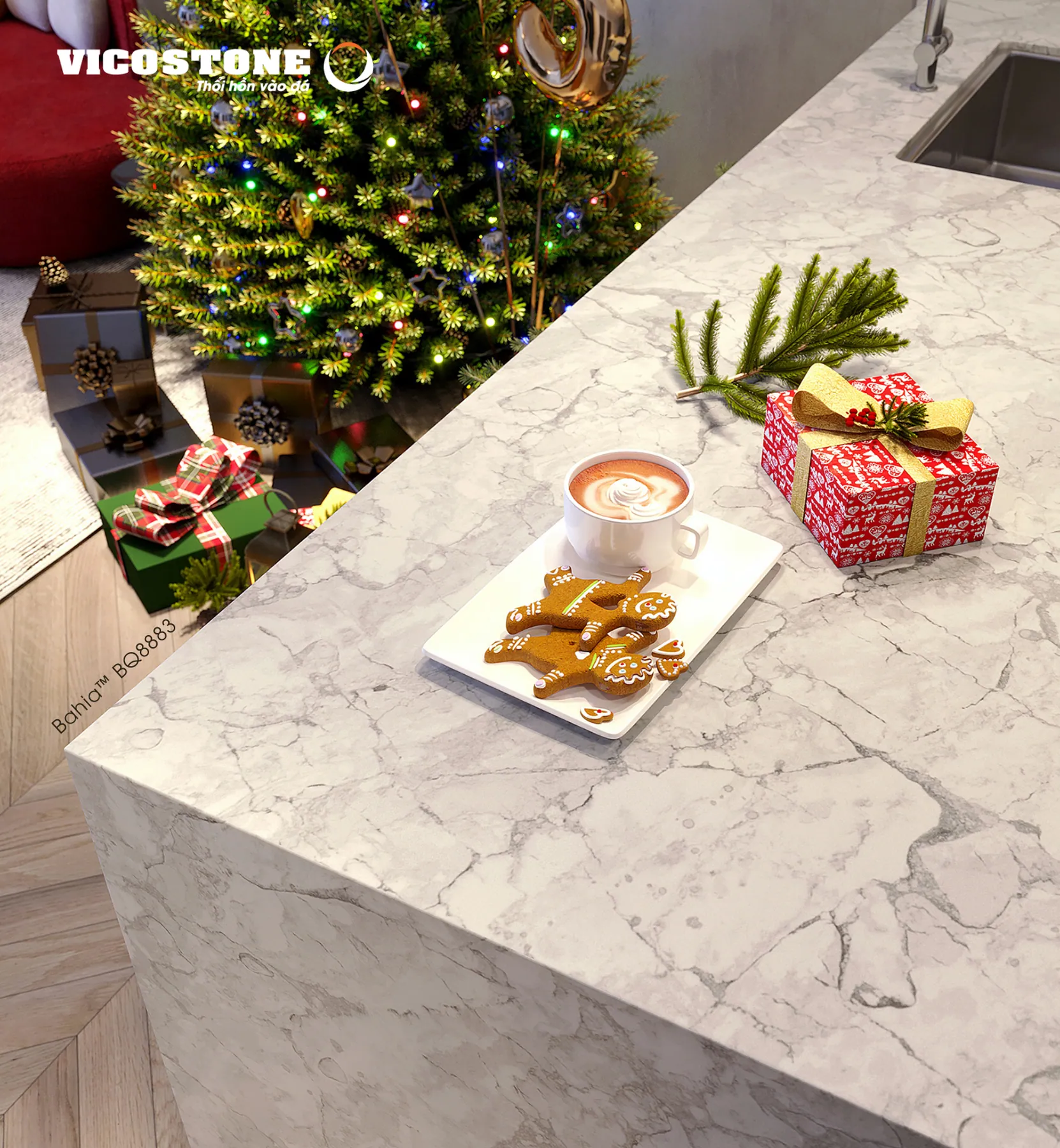 Đá Vicostone Bahia™ BQ8883 ứng dụng trong không gian nội thất
