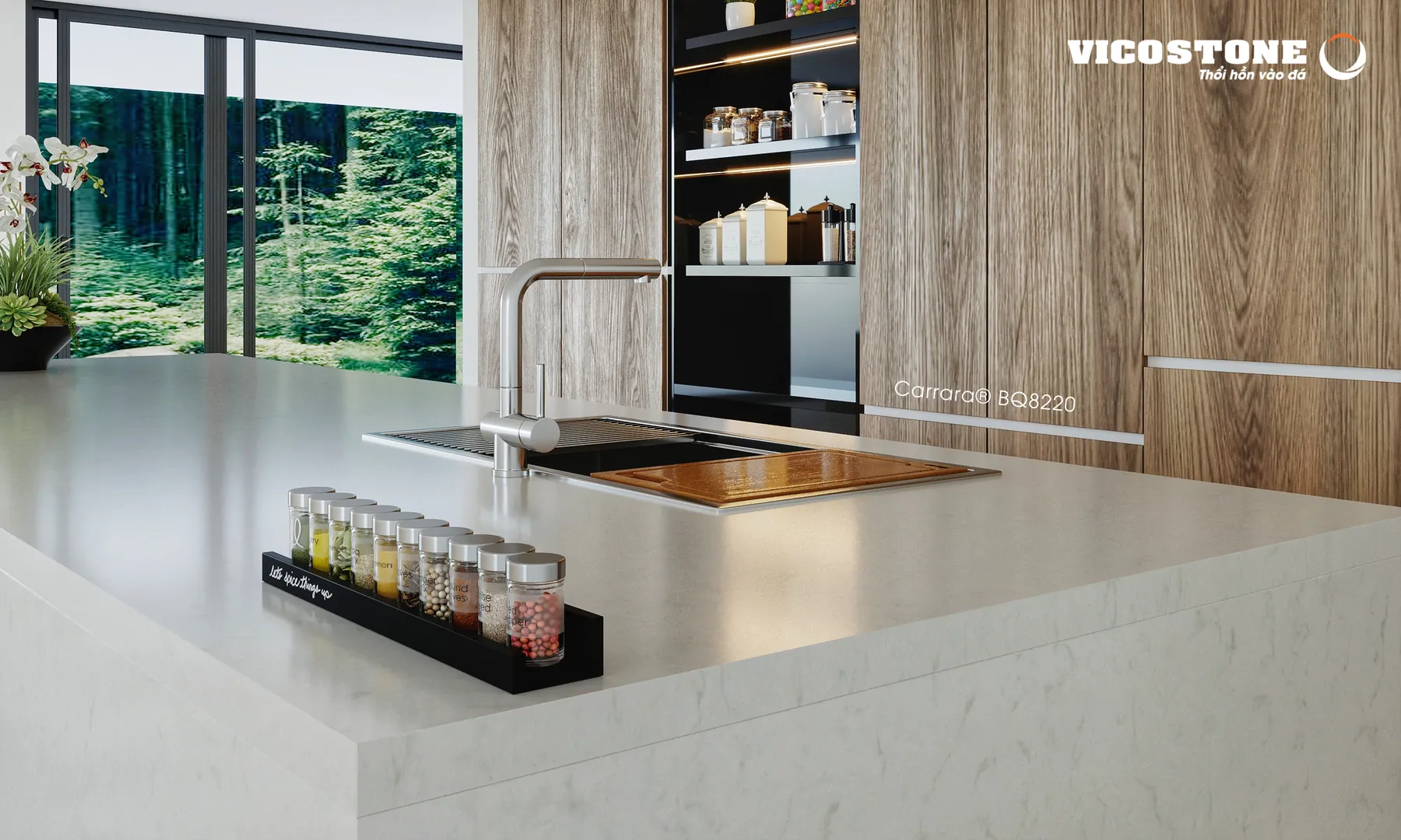Ứng Dụng Đá Vicostone Carrara® Bq8220 Làm Bàn Đảo Ứng Dụng Đá Vicostone Carrara® Bq8220 Làm Bàn Đảo