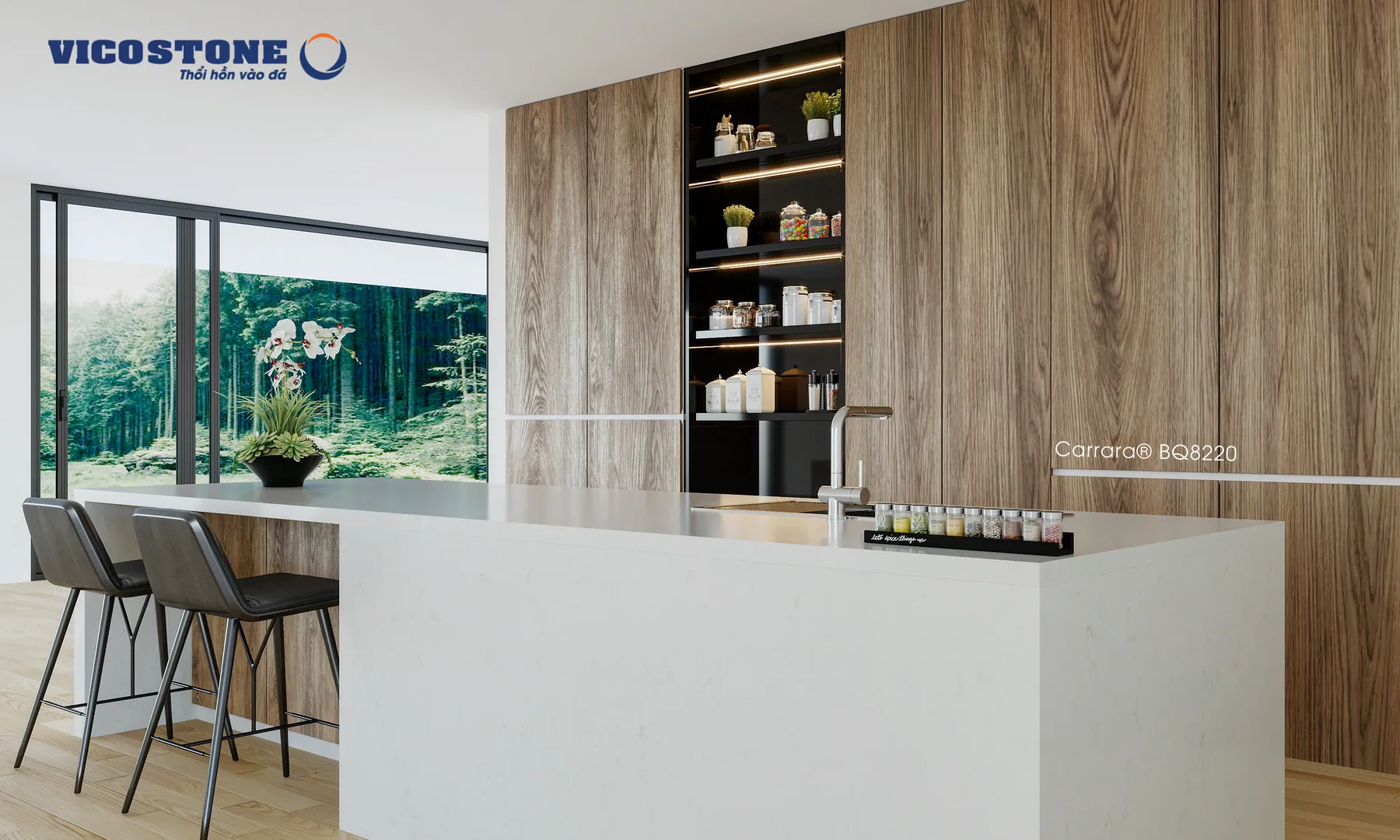 Ứng Dụng Đá Vicostone Carrara® Bq8220 Làm Bàn Đảo Ứng Dụng Đá Vicostone Carrara® Bq8220 Làm Bàn Đảo