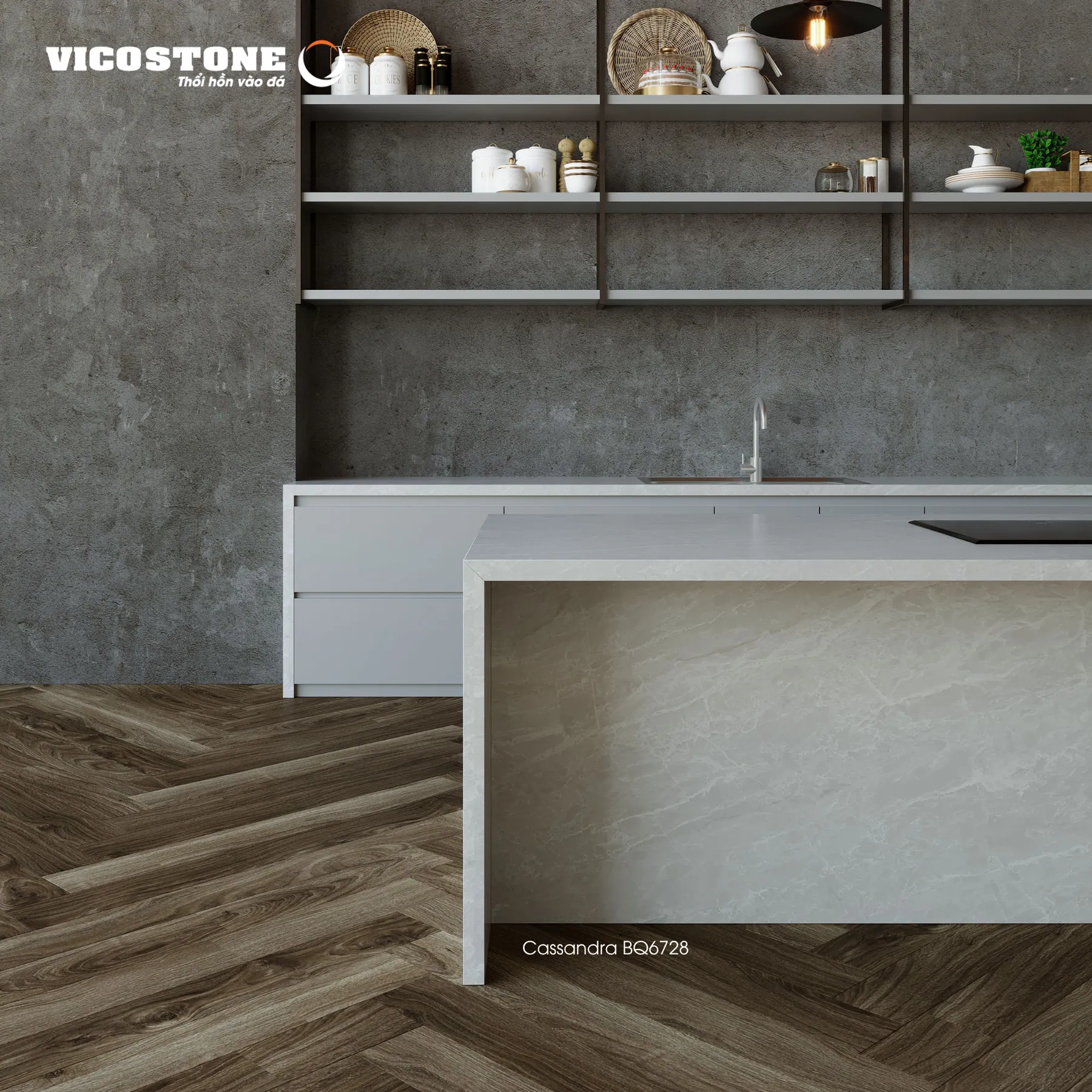 Ứng Dụng Đá Vicostone Cassandra™ Bq6728 Làm Mặt Bếp Mặt Đảo Bếp Đá Vicostone Cassandra™ Bq6728 Ứng Dụng Trong Không Gian Nội Thất