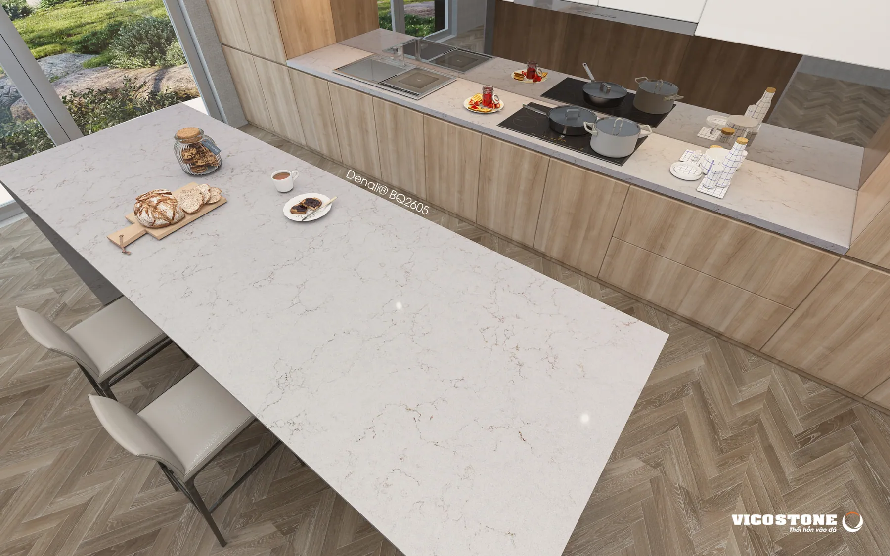 Ứng Dụng Đá Vicostone Denali® Bq2605 Làm Bàn Ăn Đá Vicostone Denali® Bq2605 Ứng Dụng Trong Không Gian Nội Thất