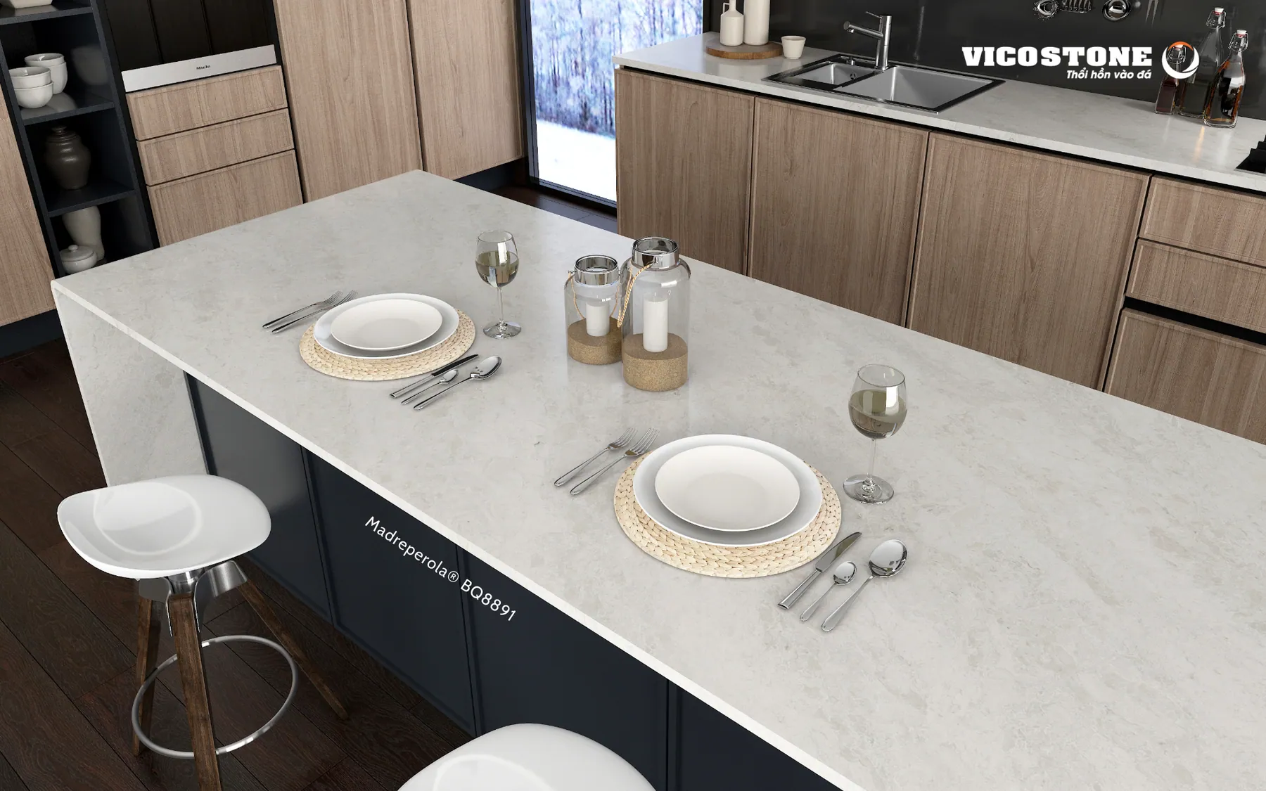 Đá Vicostone Madreperola® BQ8891 ứng dụng trong không gian nội thất