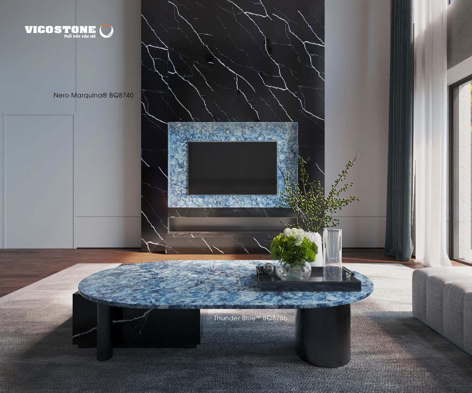 Đá Vicostone Nero Marquina® BQ8740 ứng dụng trong không gian nội thất