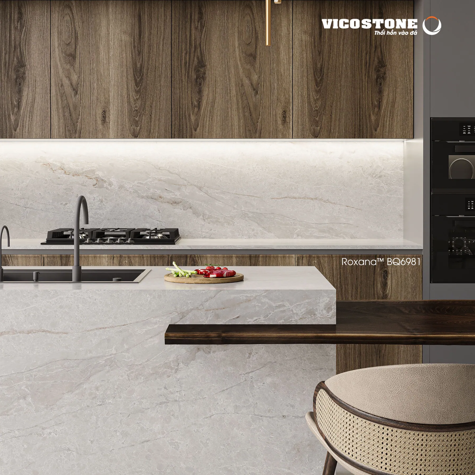 Đá Vicostone Roxana BQ6981 ứng dụng mặt đảo và bếp
