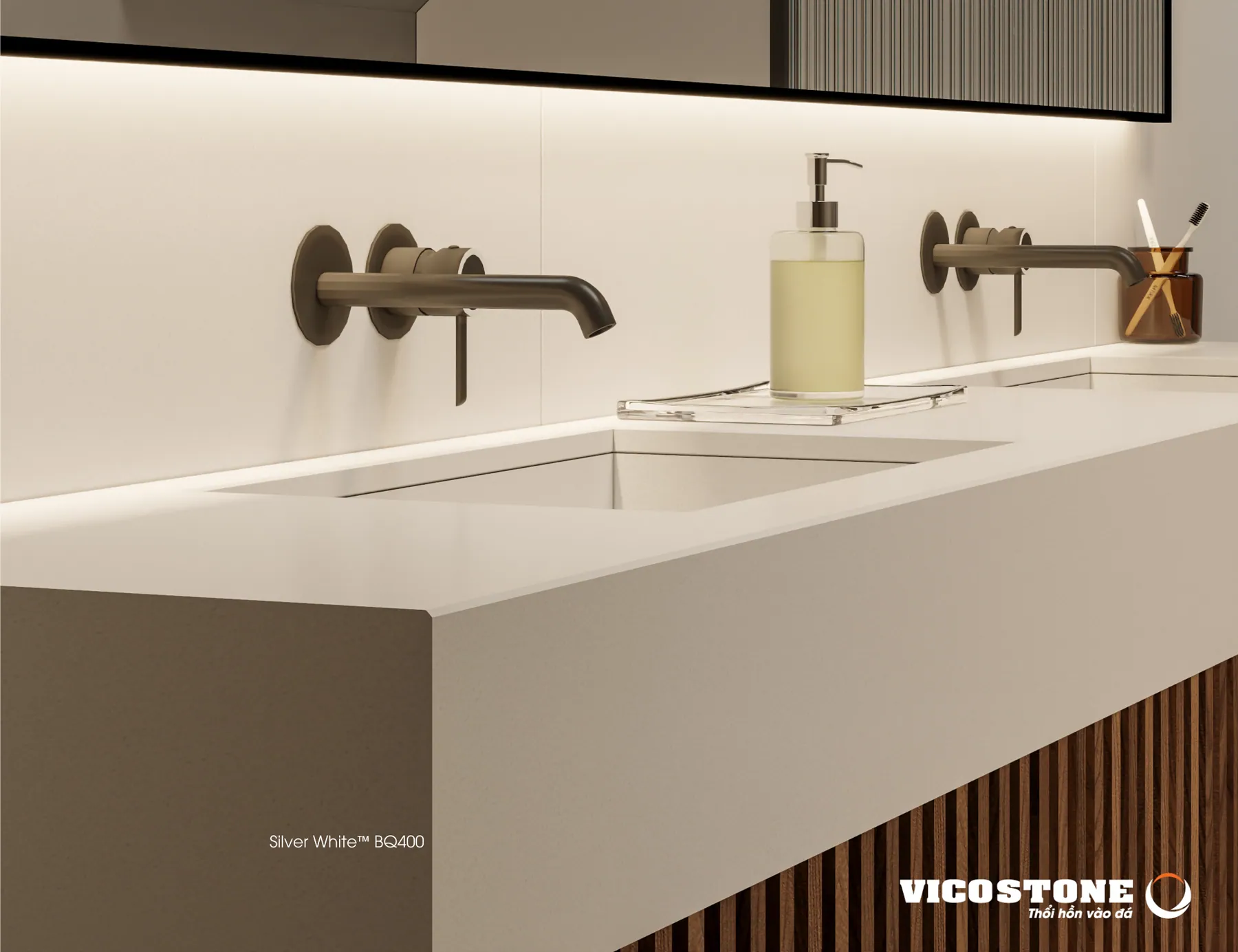 Ứng Dụng Đá Vicostone Silver White™ Bq400 Làm Lavabo Đá Vicostone Silver White™ Bq400 Ứng Dụng Trong Không Gian Nội Thất