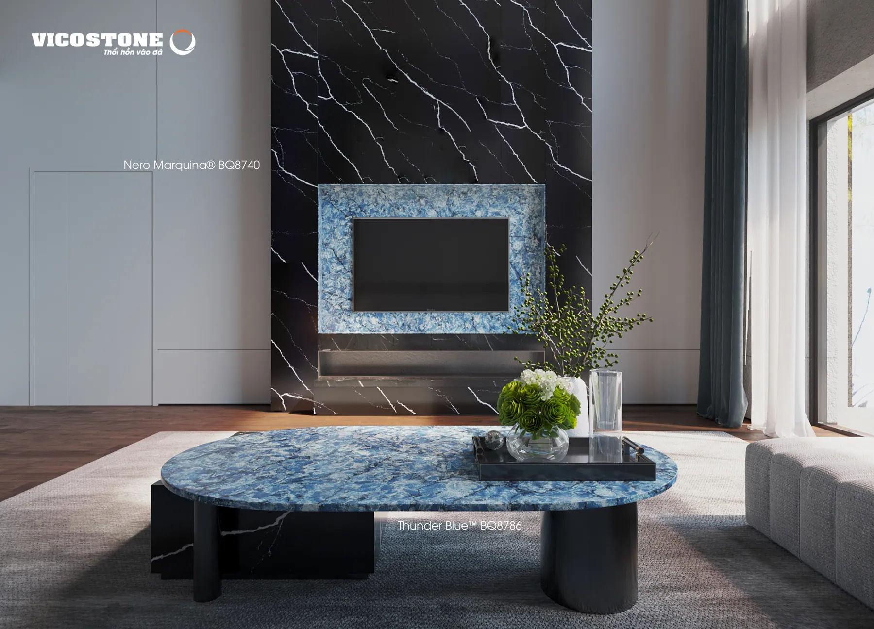 Đá Vicostone Thunder Blue™ BQ8786 ứng dụng trong không gian nội thất