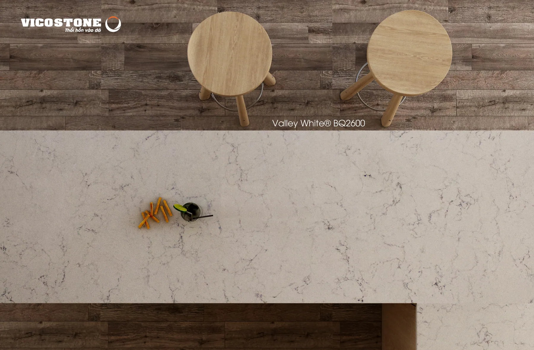 Ứng dụng đá Vicostone nhóm A Valley White® BQ2600. Đá Vicostone Valley White® BQ2600 ứng dụng trong không gian nội thất