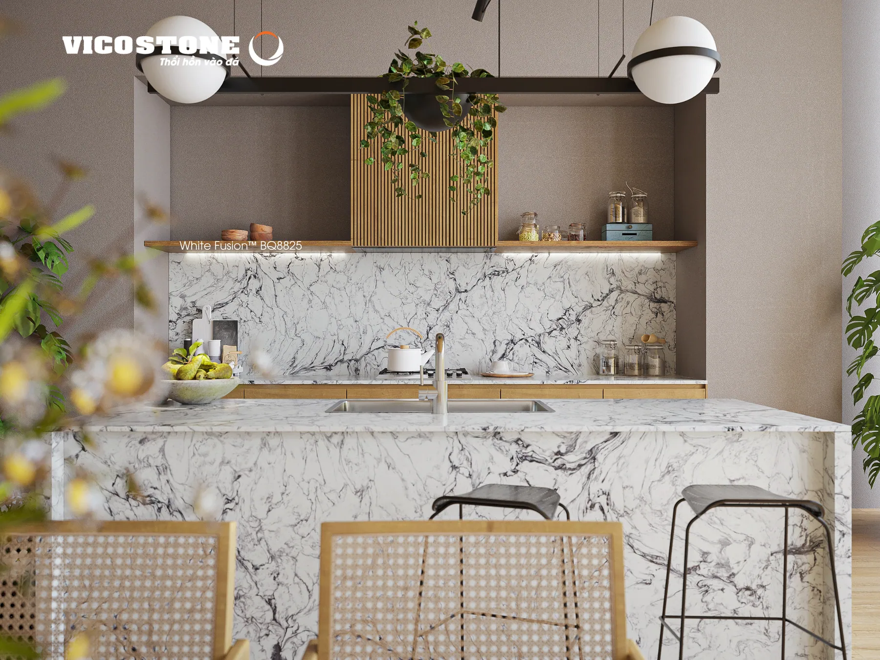 Ứng dụng đá Vicostone White Fusion BQ8825 trong không gian bếp sáng
