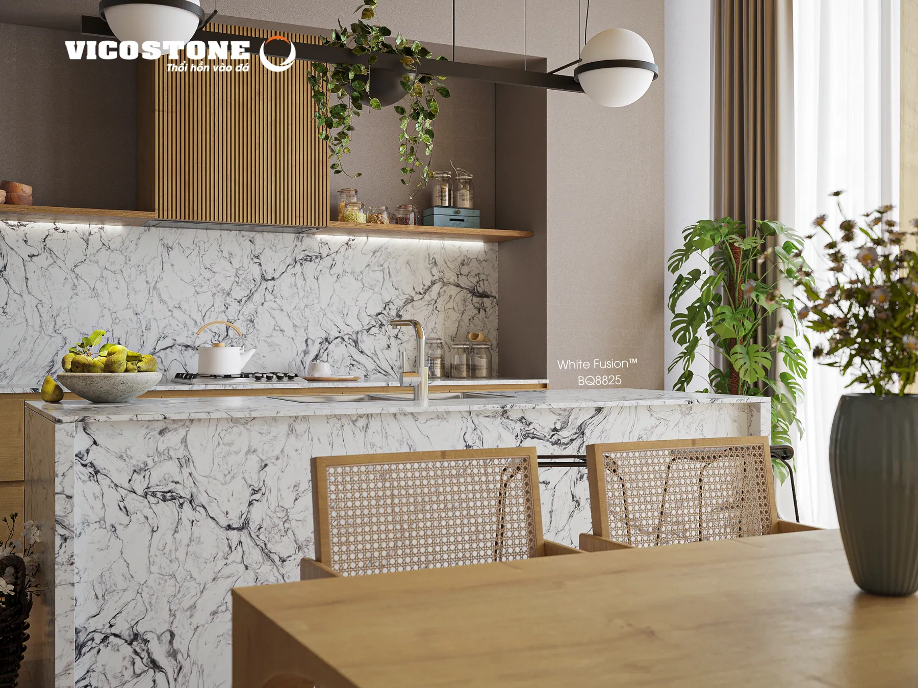 Đá Vicostone White Fusion™ BQ8825 ứng dụng trong không gian nội thất