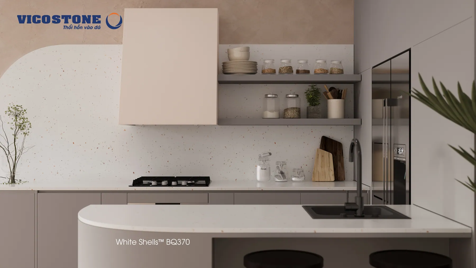 Ứng Dụng Đá Vicostone White Shells™ Bq370 Góc Cận Không Gian Bếp Đá Vicostone White Shells™ Bq370 Ứng Dụng Trong Không Gian Nội Thất