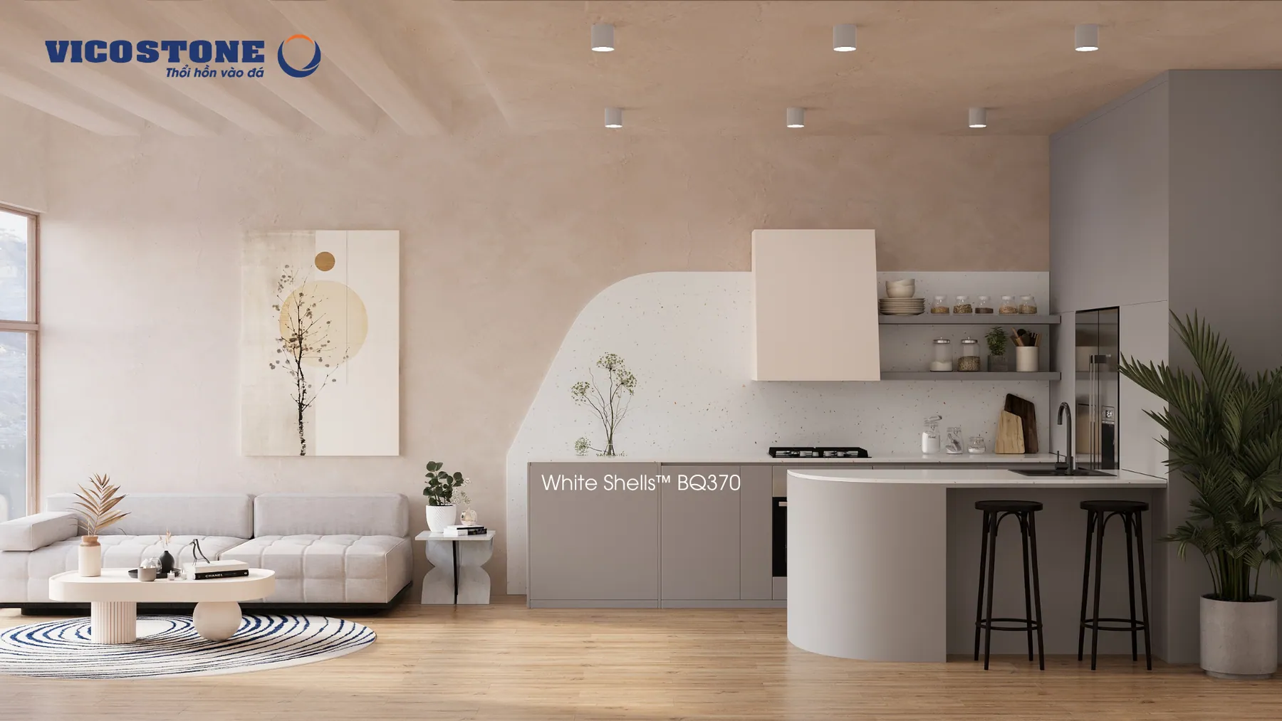 Ứng Dụng Đá Vicostone White Shells™ Bq370 Trong Tổng Thể Không Gian Nội Thất Đá Vicostone White Shells™ Bq370 Ứng Dụng Trong Không Gian Nội Thất