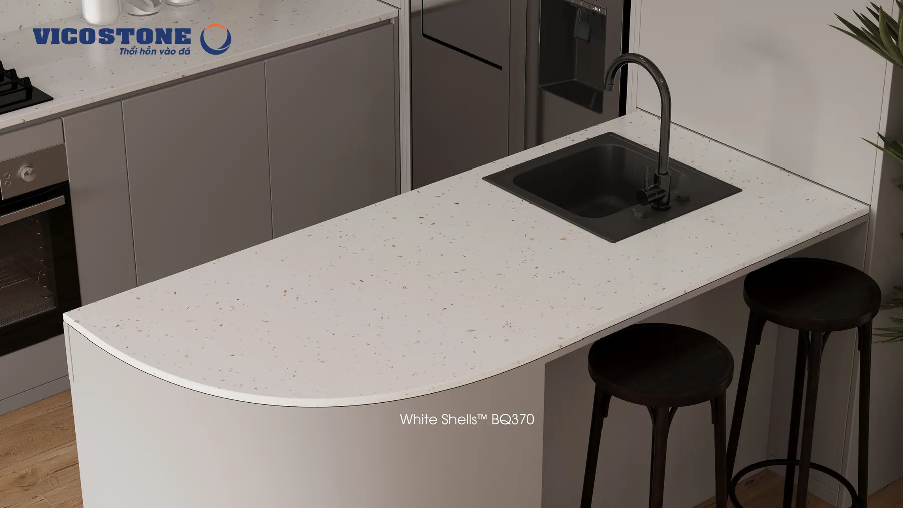Ứng Dụng Đá Vicostone White Shells™ Bq370 Làm Bàn Đảo Đá Vicostone White Shells™ Bq370 Ứng Dụng Trong Không Gian Nội Thất