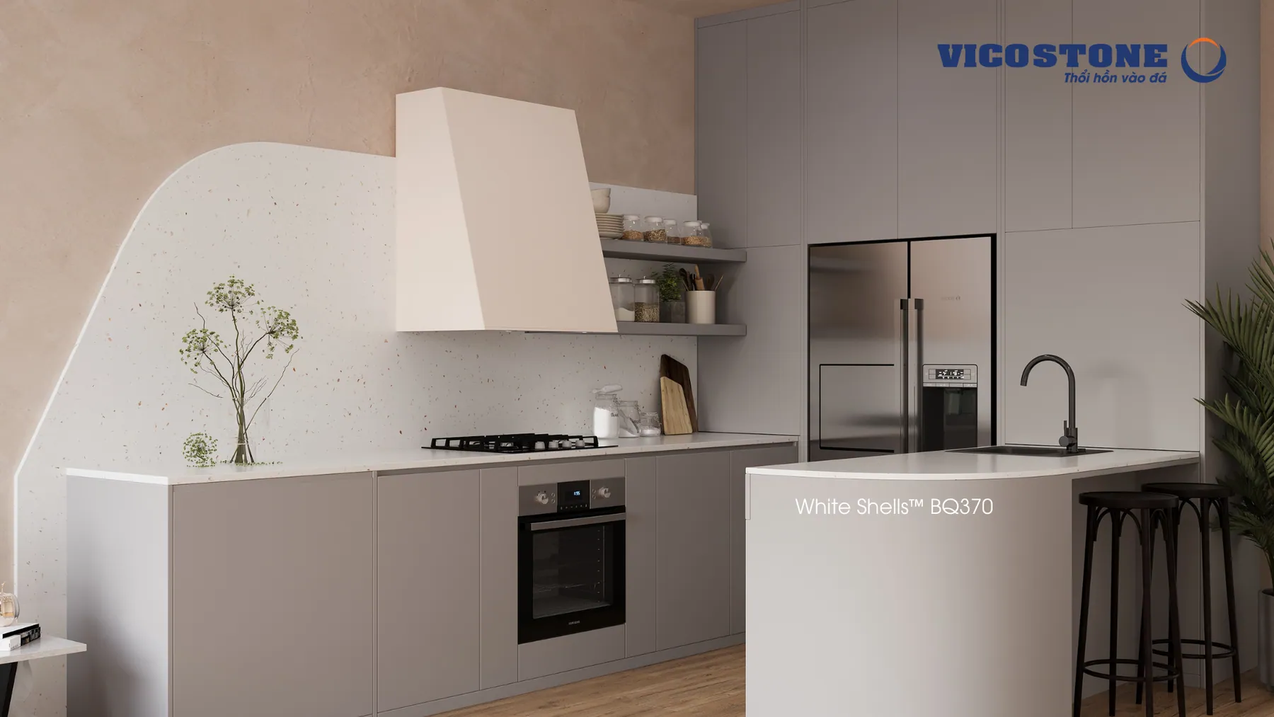 Ứng Dụng Đá Vicostone White Shells™ Bq370 Trong Không Gian Bếp Và Bàn Đảo Đá Vicostone White Shells™ Bq370 Ứng Dụng Trong Không Gian Nội Thất