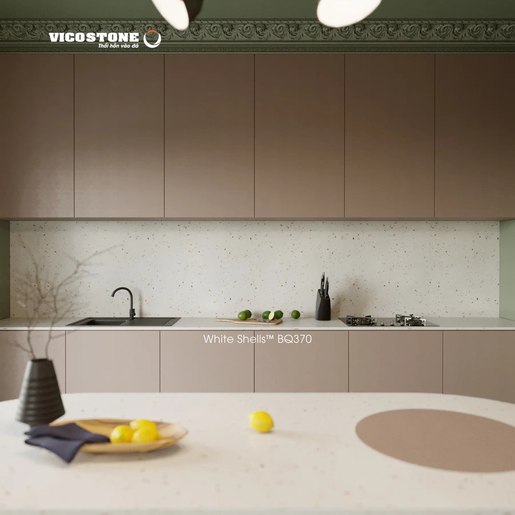 White Shells™ Bq370 Trong Không Gian Bếp Với Hệ Tủ Màu Trung Tính Và Bàn Đảo. Đá Vicostone White Shells™ Bq370 Ứng Dụng Trong Không Gian Nội Thất