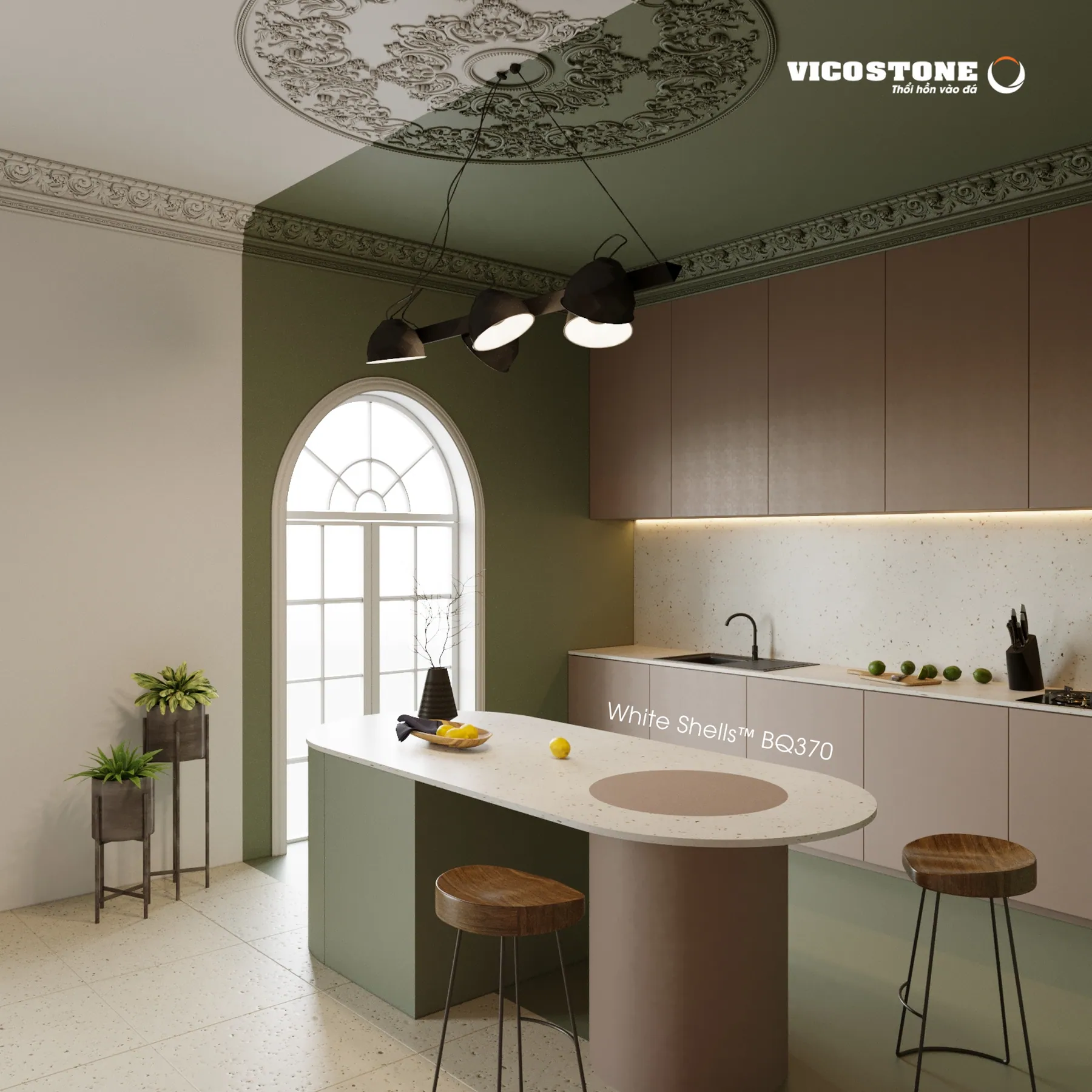 Ứng Dụng Đá Vicostone White Shells™ Bq370 Góc Nhìn Nghiêng Đá Vicostone White Shells™ Bq370 Ứng Dụng Trong Không Gian Nội Thất
