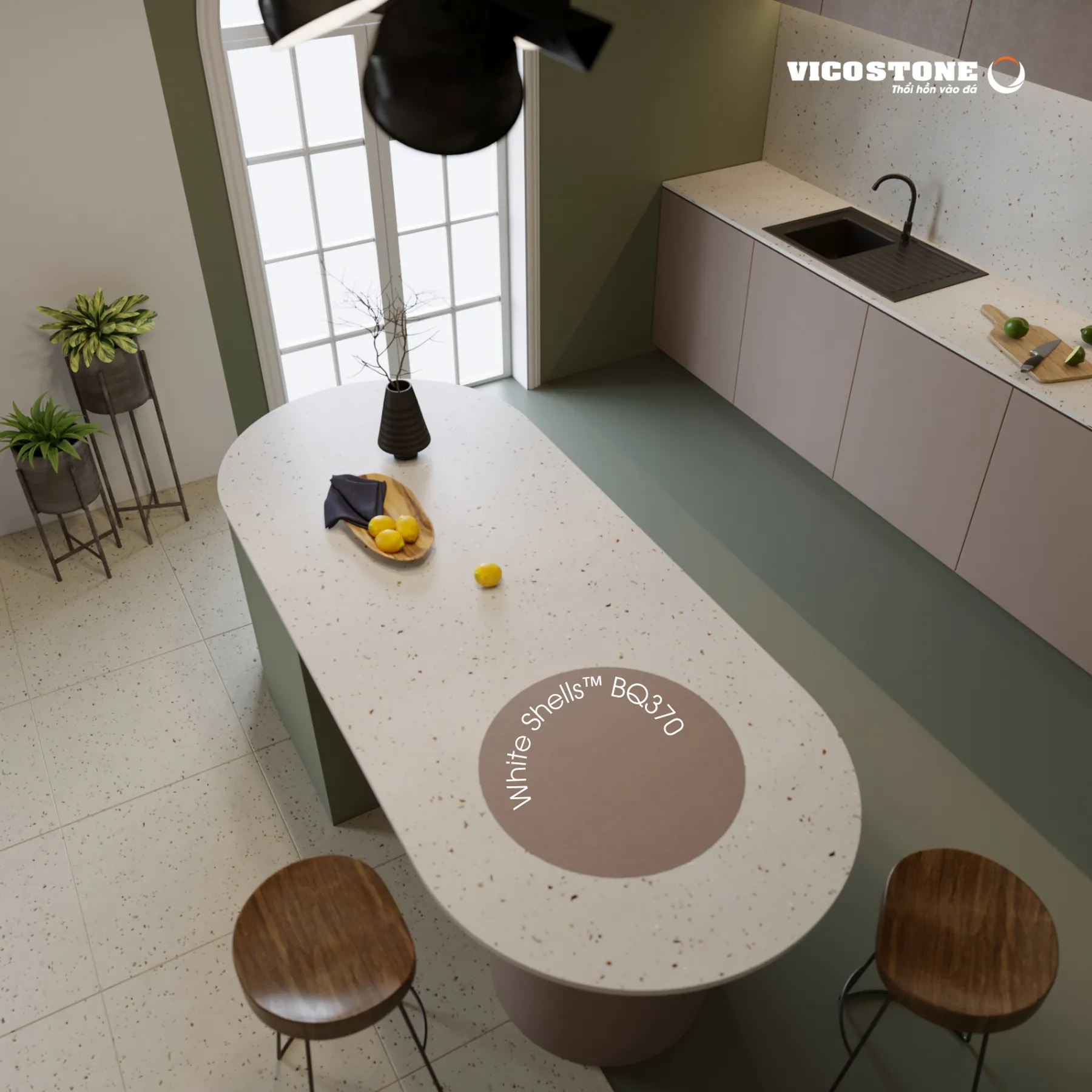 Ứng Dụng Đá Vicostone White Shells™ Bq370 Góc Nhìn Trên Xuống Không Gian Bếp Đá Vicostone White Shells™ Bq370 Ứng Dụng Trong Không Gian Nội Thất