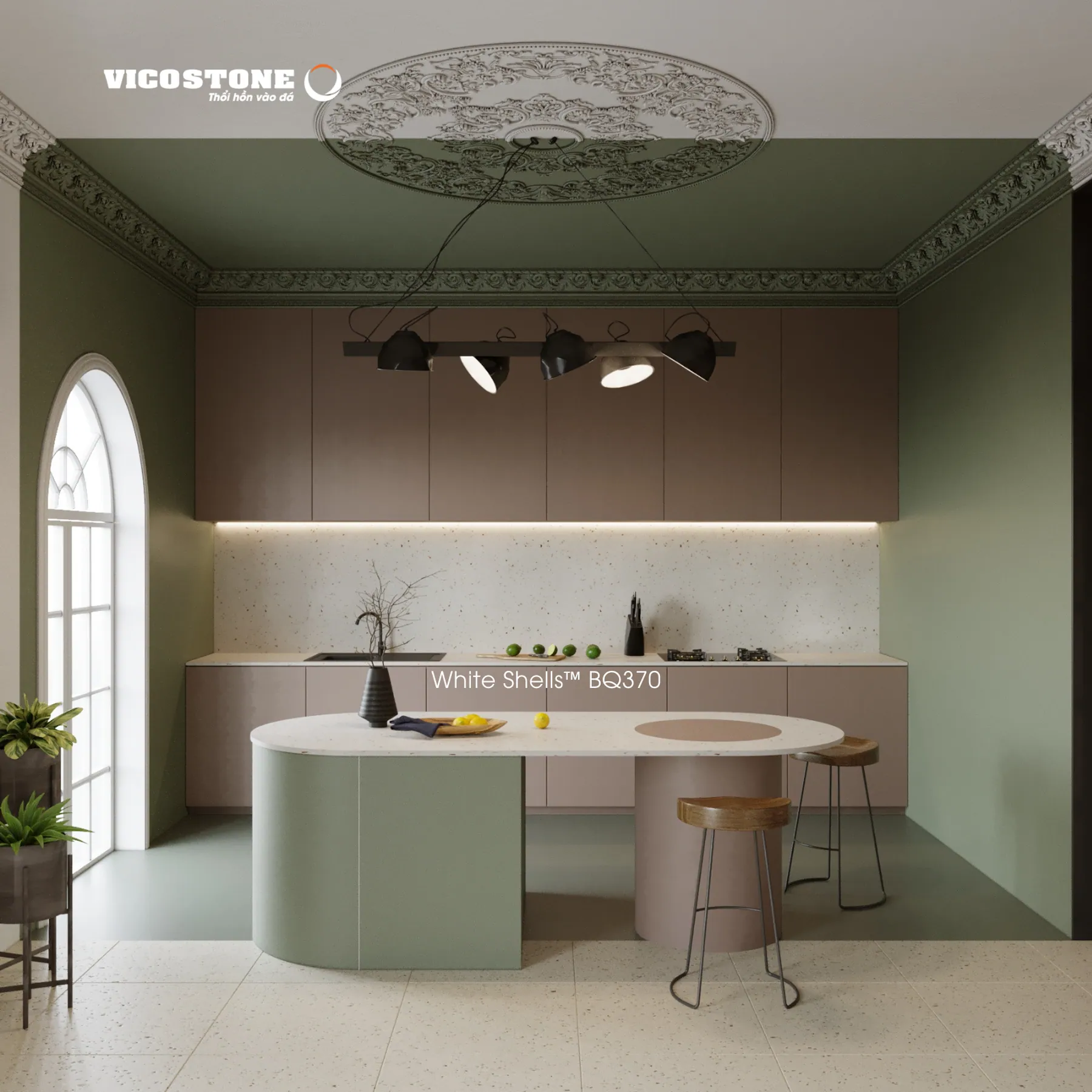 Ảnh Ứng Dụng Đá Vicostone Chính Hãng White Shells™ Bq370 Trong Không Gian Bếp. Bề Mặt Đá Sáng Được Sử Dụng Trên Khu Vực Bếp Và Bàn Đảo, Phối Cùng Hệ Tủ Màu Trung Tính Tạo Tổng Thể Nhẹ Và Hiện Đại. Đá Vicostone White Shells™ Bq370 Ứng Dụng Trong Không Gian Nội Thất