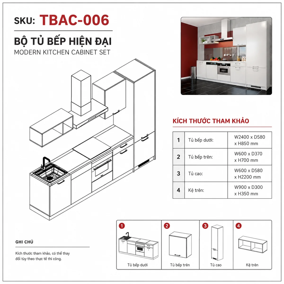 Kích Thước Tủ Bếp Chữ I An Cường Tbac-006 Kích Thước Tủ Bếp Chữ I An Cường Tbac-006