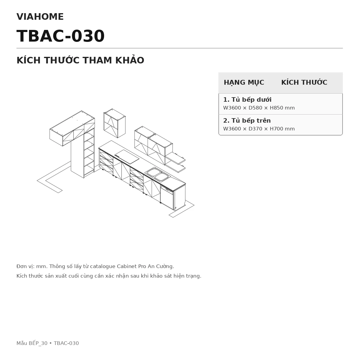 Kích Thước Tủ Bếp Chữ I An Cường Tbac-030 Kích Thước Tủ Bếp Chữ I An Cường Tbac-030