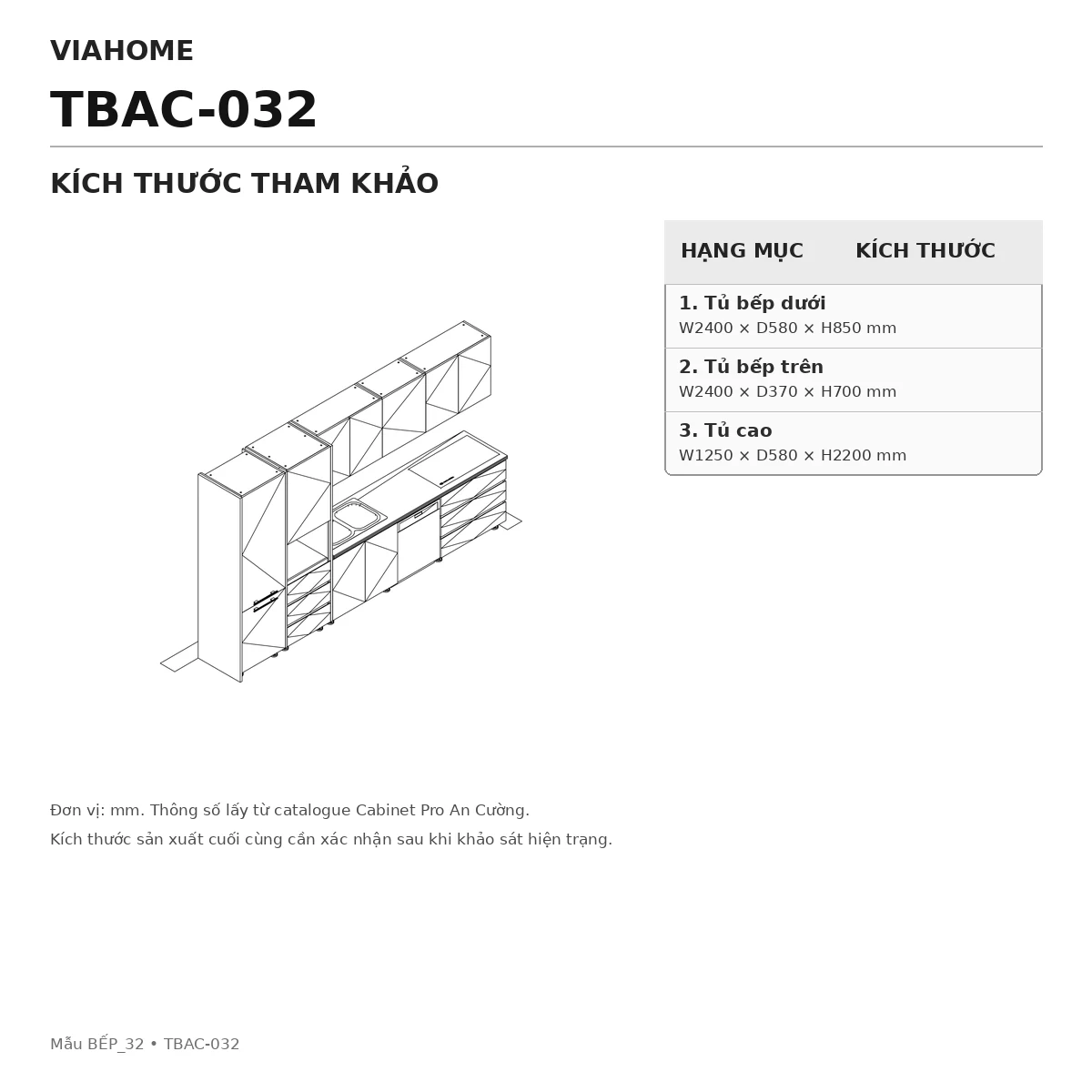 Kích Thước Tủ Bếp Chữ I An Cường Tbac-032 Kích Thước Tủ Bếp Chữ I An Cường Tbac-032