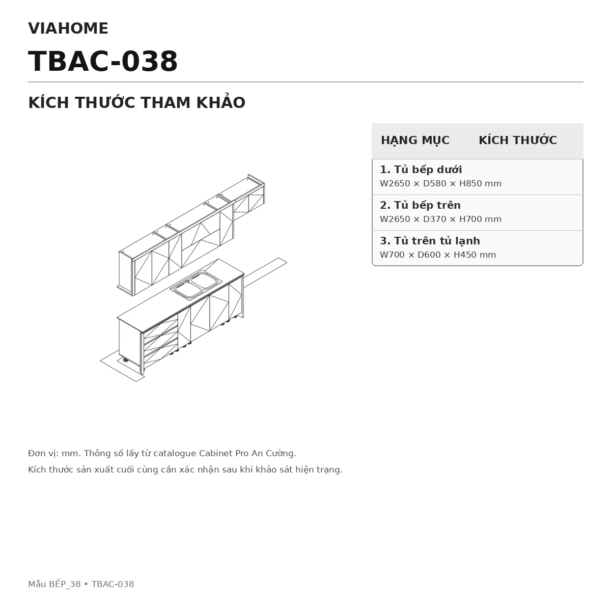 Kích Thước Tủ Bếp Chữ I An Cường Tbac-038 Kích Thước Tủ Bếp Chữ I An Cường Tbac-038