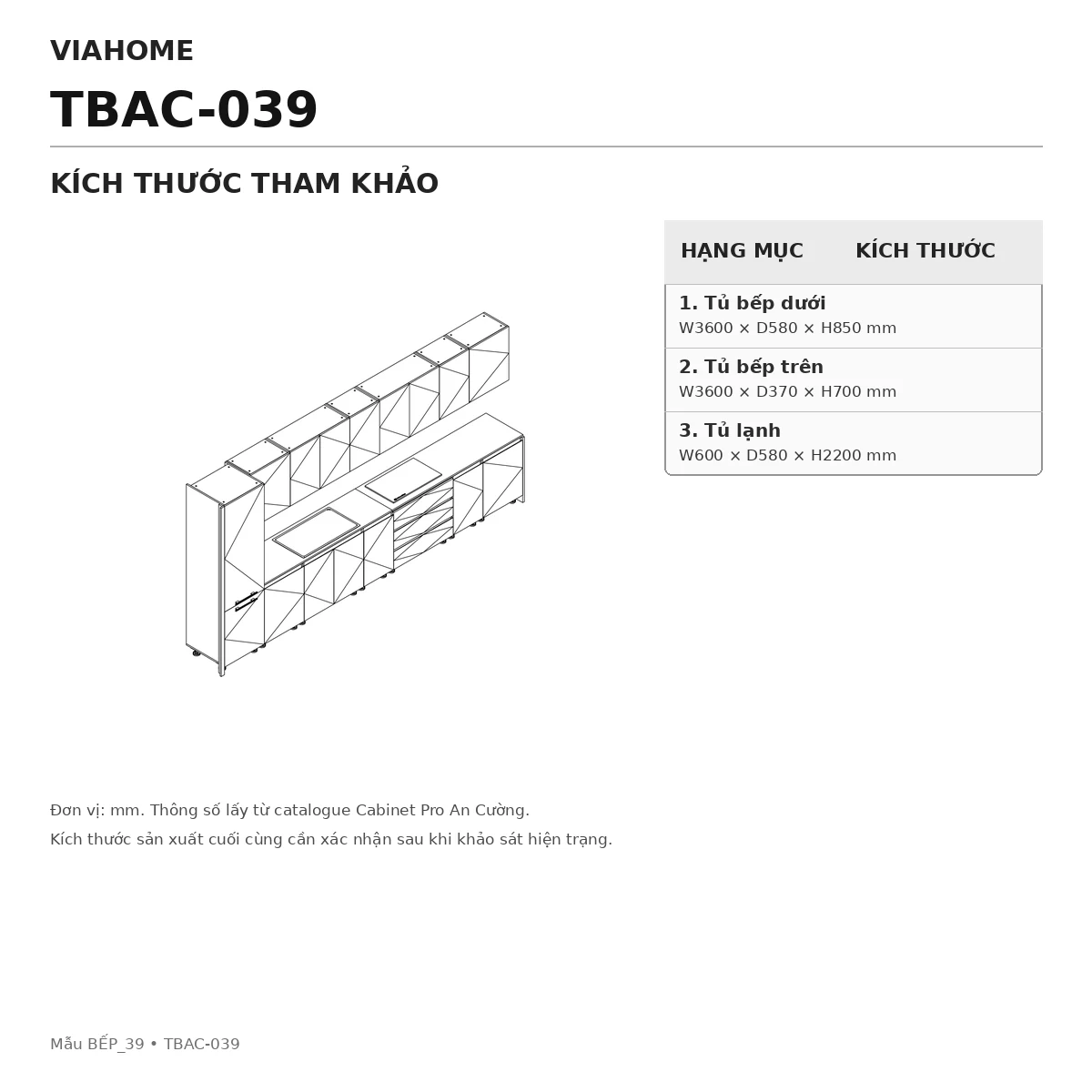 Kích Thước Tủ Bếp Chữ I An Cường Tbac-039 Kích Thước Tủ Bếp Chữ I An Cường Tbac-039