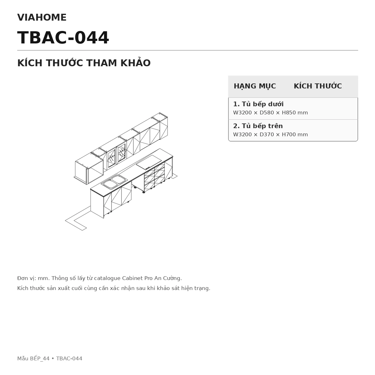 Kích Thước Tủ Bếp Chữ I An Cường Tbac-044 Kích Thước Tủ Bếp Chữ I An Cường Tbac-044