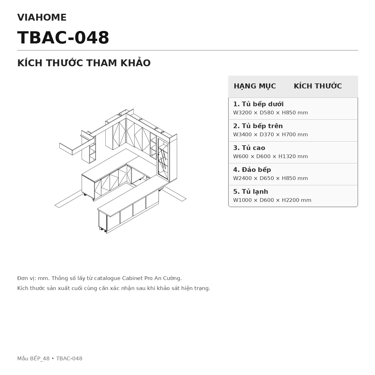 Kích Thước Tủ Bếp Chữ I An Cường Tbac-048 Kích Thước Tủ Bếp Chữ I An Cường Tbac-048