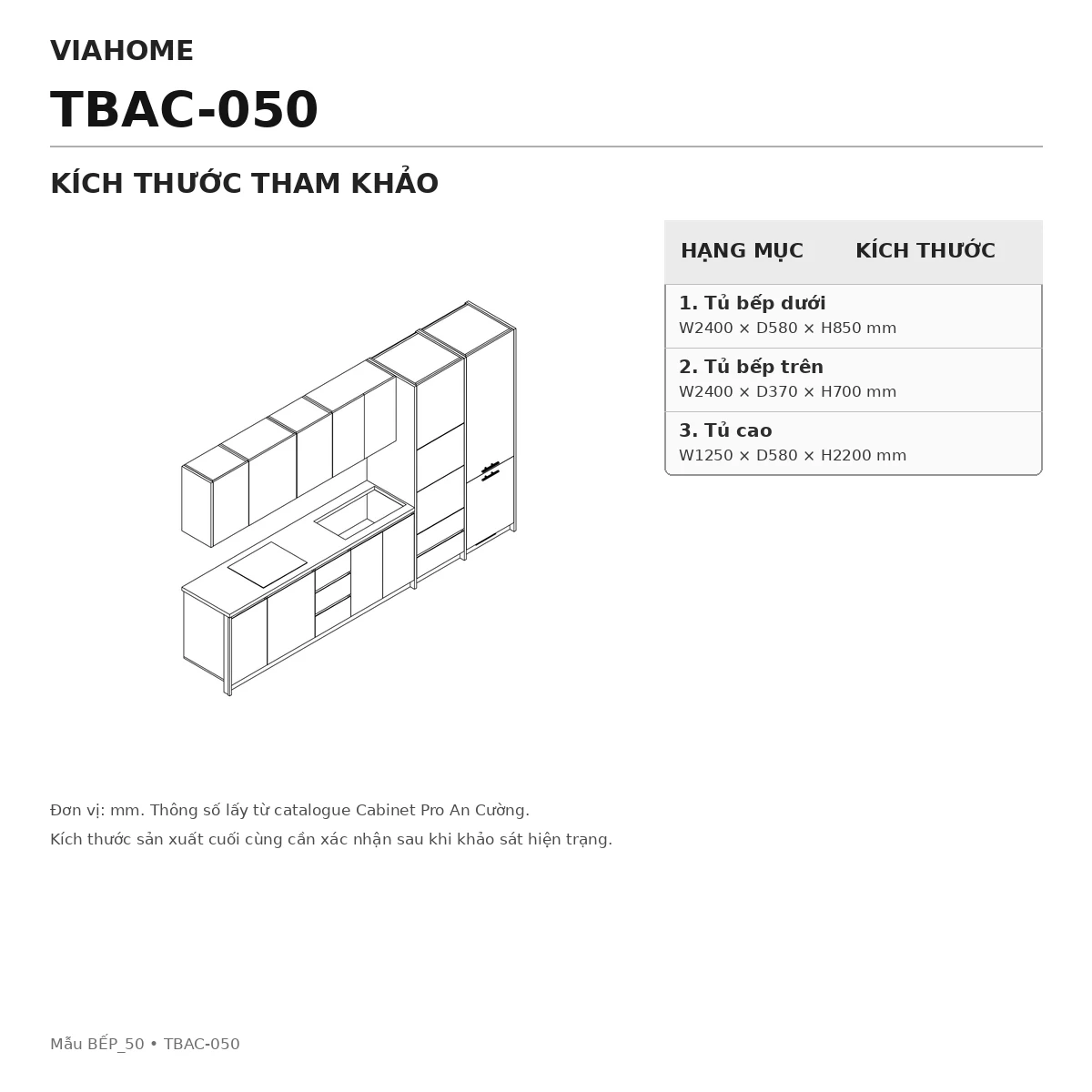 Kích Thước Tủ Bếp Chữ I An Cường Tbac-050 Kích Thước Tủ Bếp Chữ I An Cường Tbac-050