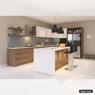 Tủ bếp chữ L có đảo vân gỗ nâu An Cường TBAC-041