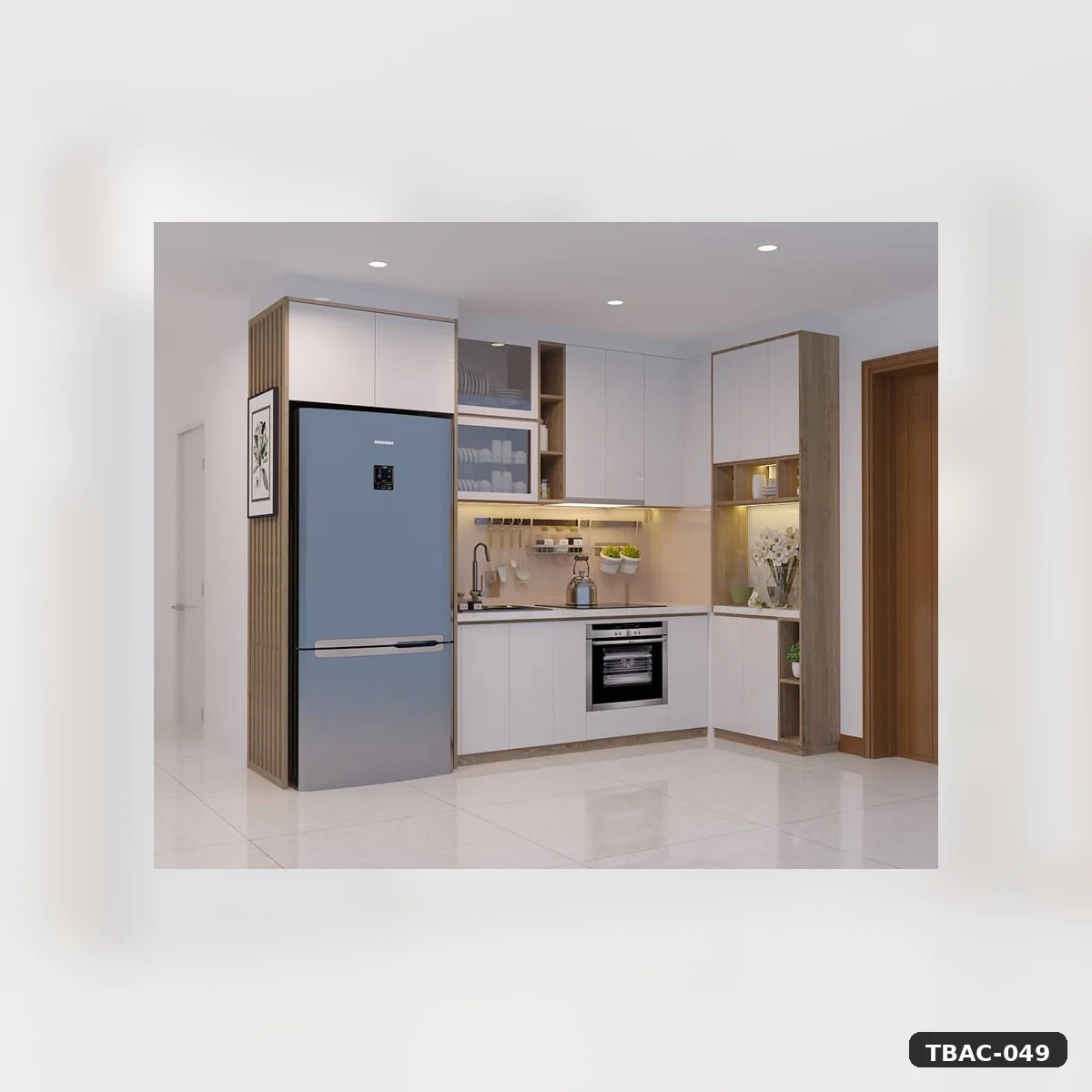 Tủ bếp chữ L trắng phối gỗ TBAC-049