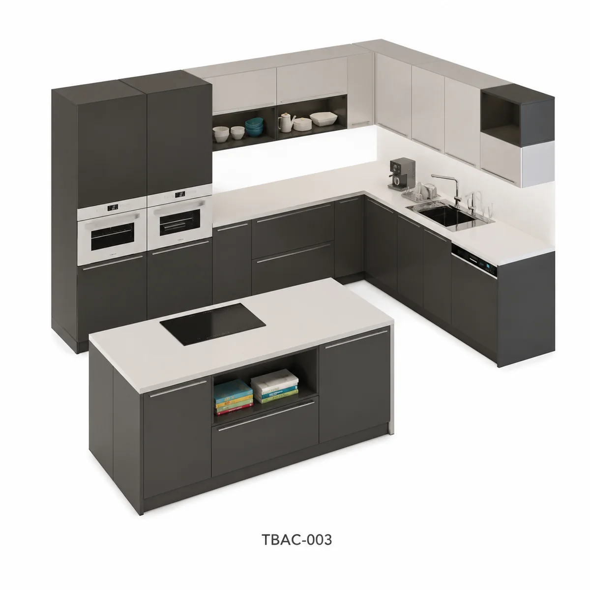 Thiết Kế 3D Tủ Bếp Chữ U Có Đảo Xám Trắng Tbac-003 Thiết Kế 3D Tủ Bếp Chữ U Có Đảo Xám Trắng Tbac-003