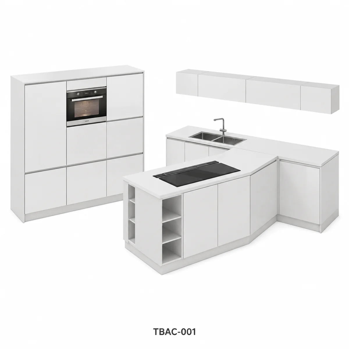 Thiết Kế 3D Tủ Bếp Có Đảo Màu Trắng Tbac-001