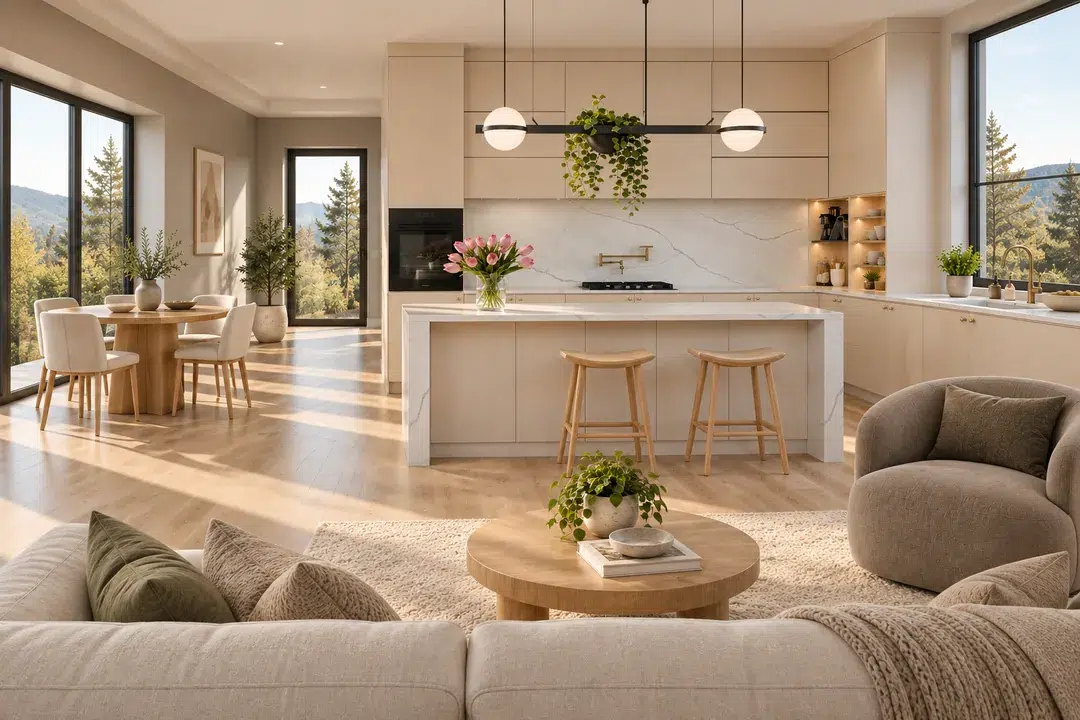 Nhìn Từ Sofa Về Phía Đảo Bếp Và Bàn Ăn