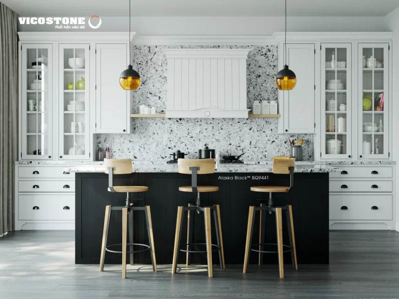 Đảo Bếp Mặt Đá Vicostone Cold Spring™ Bq9441 Trong Bếp Tủ Trắng Cổ Điển