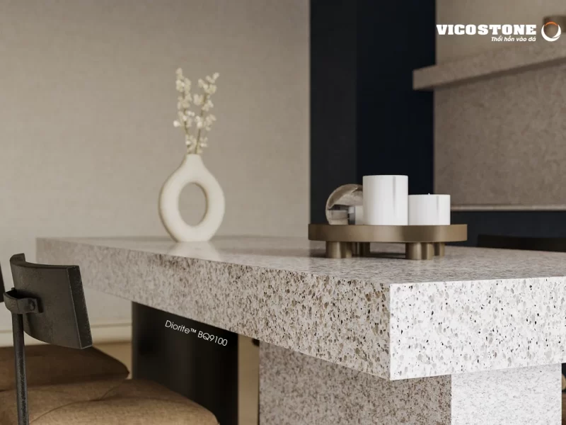 Đảo Bếp Mặt Đá Vicostone Diorite™ Bq9100 Ốp Tràn Cạnh, Tủ Bếp Trắng