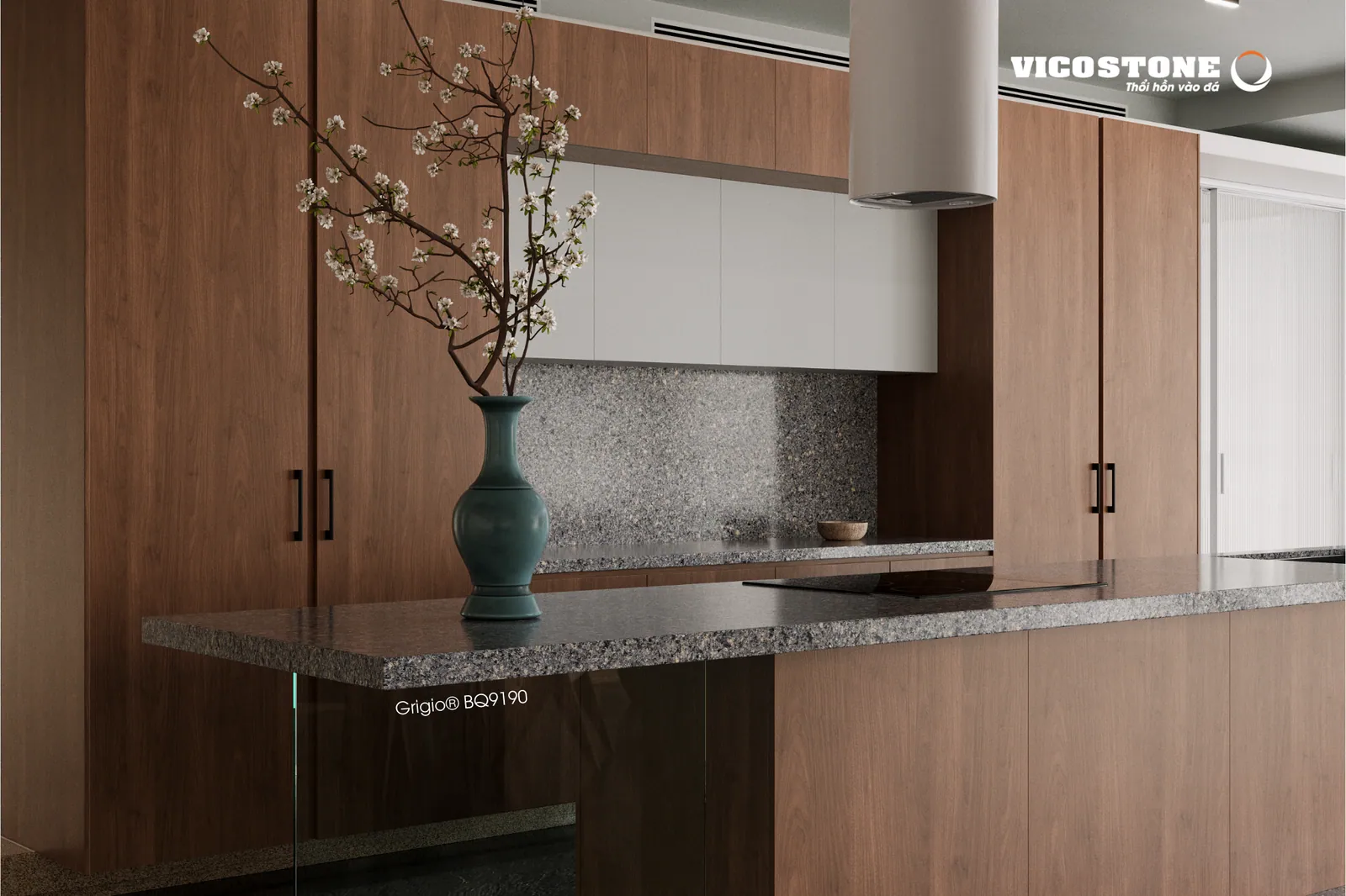 Đảo bếp mặt đá Vicostone Grigio® BQ9190 với tủ gỗ và bình gốm xanh