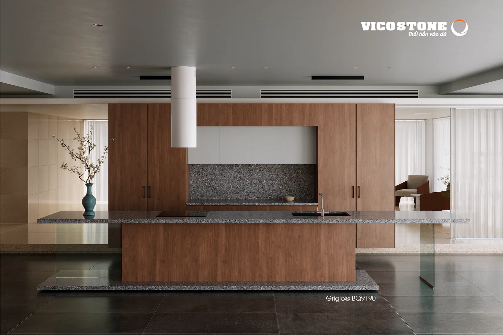 Không gian bếp mở mặt đá Vicostone Grigio® BQ9190 với tủ gỗ