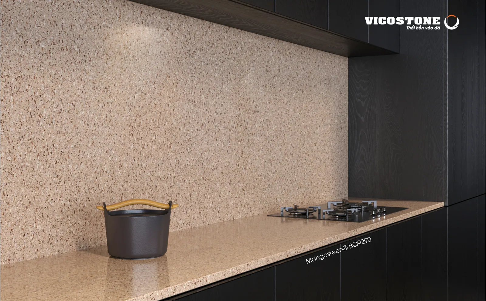 Mặt bếp và tường ốp đá Vicostone Mangosteen® BQ9290 phía sau bếp nấu