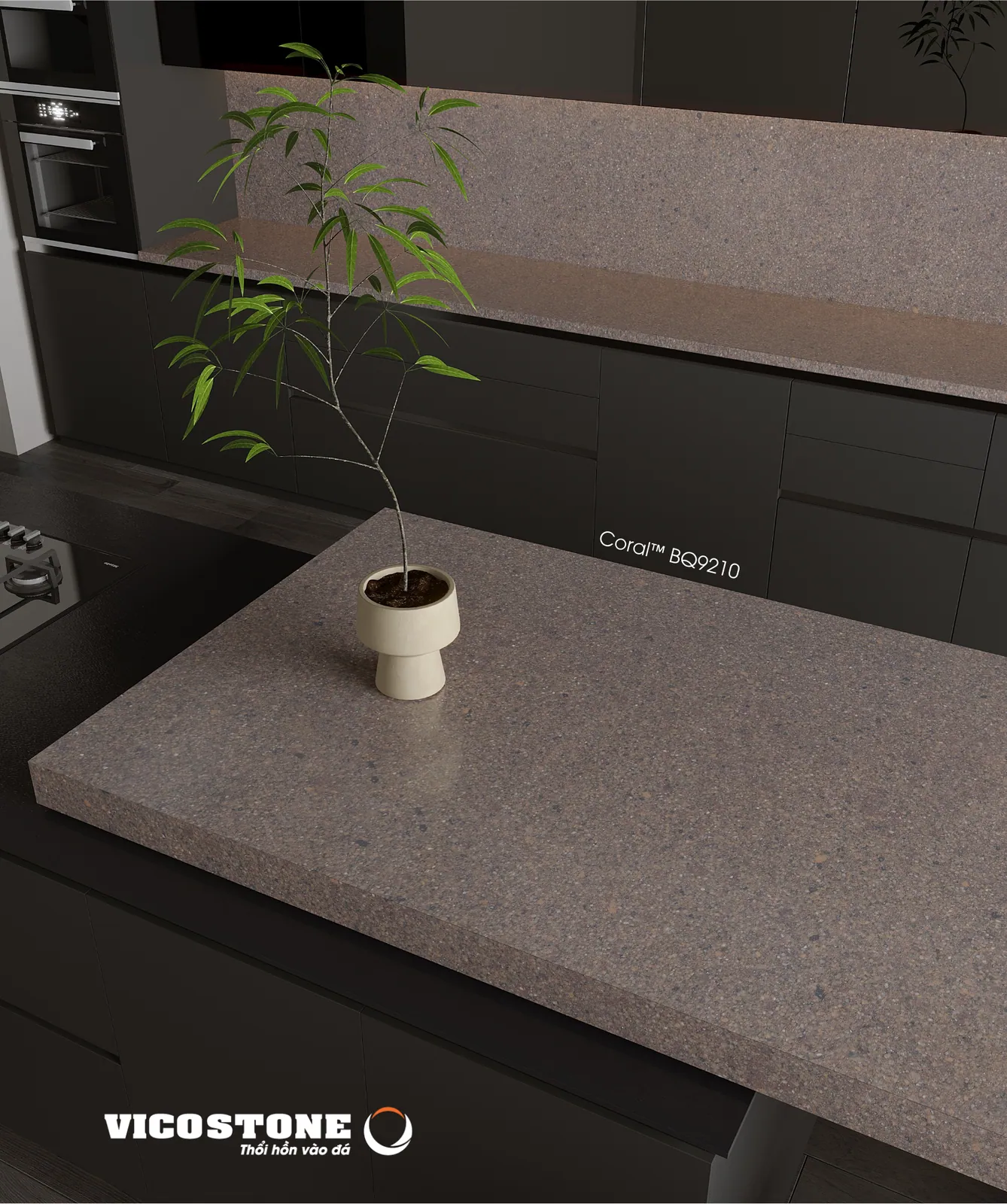 Mặt đá Vicostone Mozart™ BQ9210 trên tủ bếp đen, bình gốm trắng