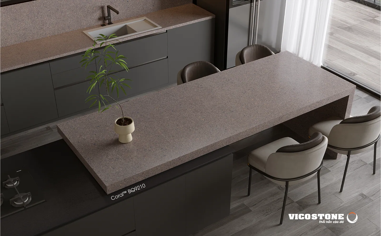 Bàn đảo mặt đá Vicostone Mozart™ BQ9210 kéo dài thành bàn ăn