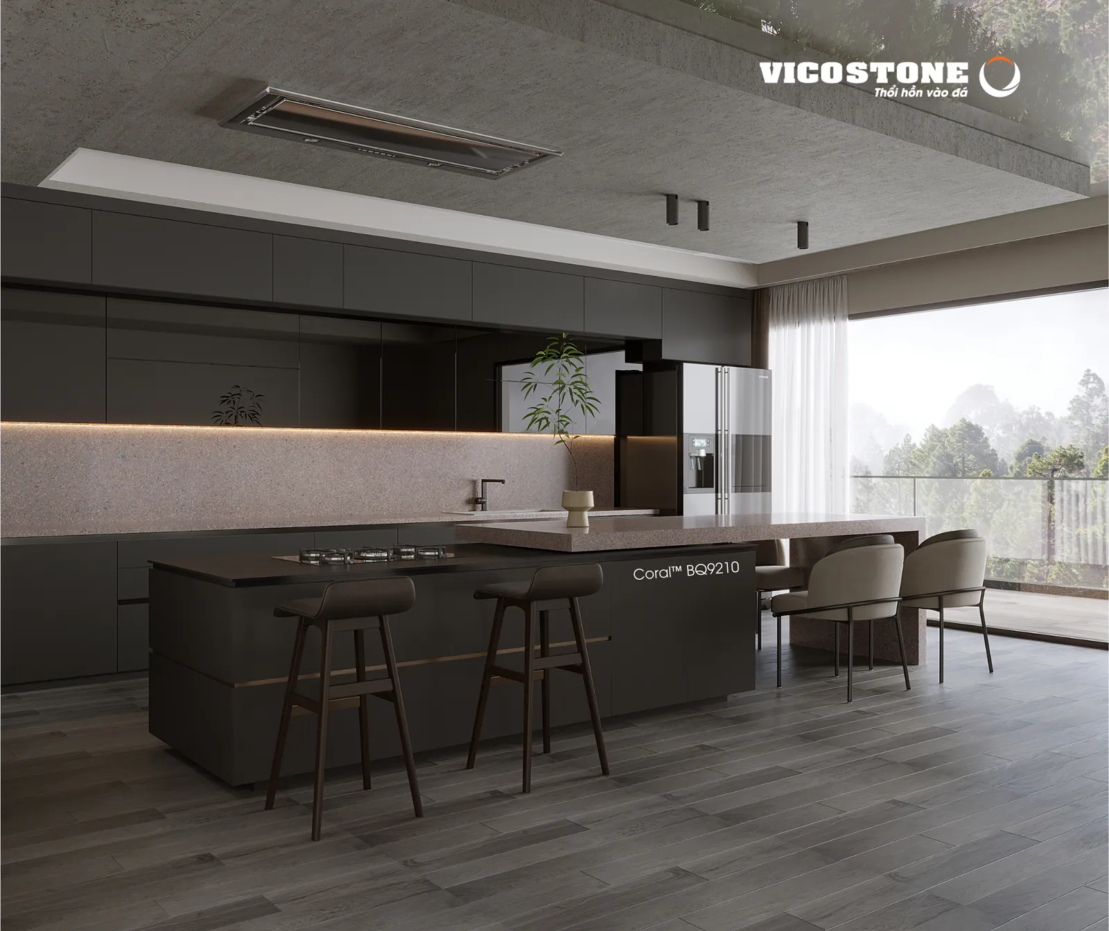 Đảo bếp mặt đá Vicostone Mozart™ BQ9210 với ghế bar cạnh cửa kính