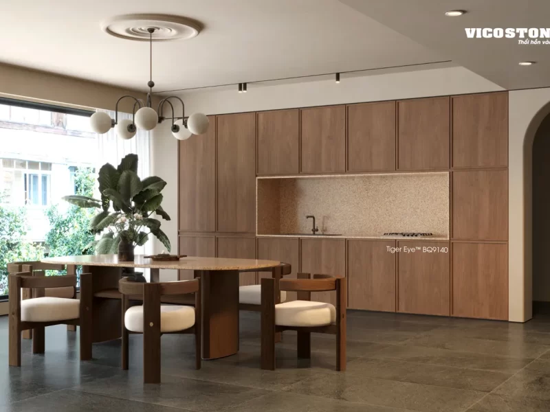 Bàn Ăn Mặt Đá Vicostone Nirvara™ Bq9140 Trong Phòng Ăn Tủ Gỗ