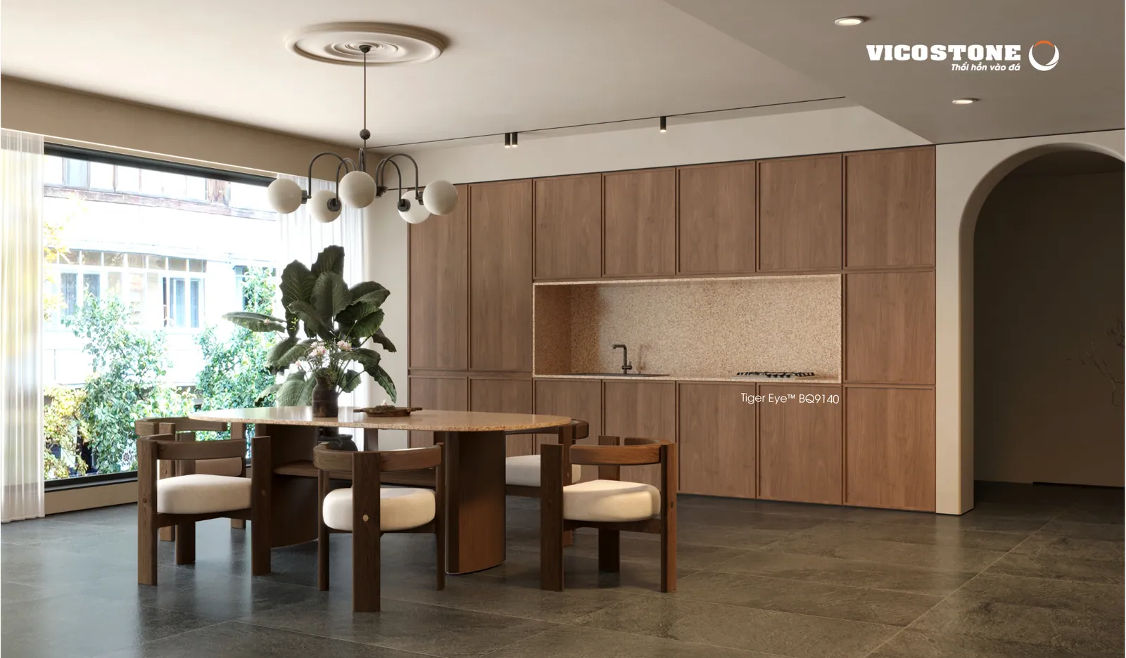 Bàn ăn mặt đá Vicostone Nirvara™ BQ9140 trong phòng ăn tủ gỗ