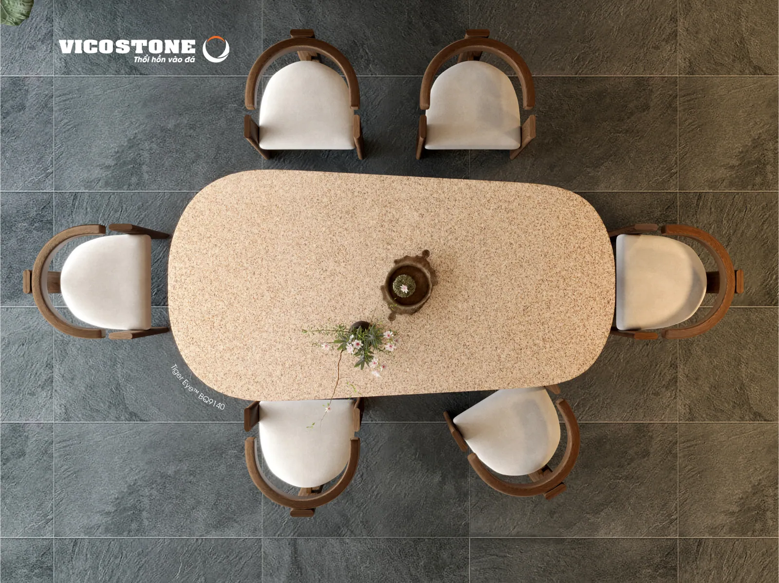 Bàn ăn oval mặt đá Vicostone Nirvara™ BQ9140 nhìn từ trên xuống