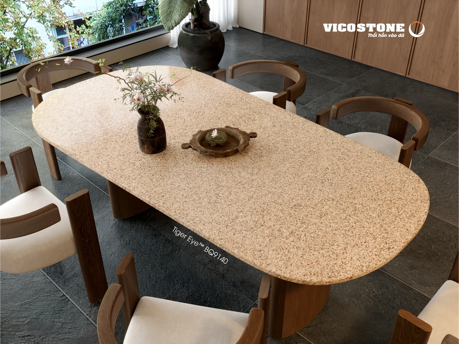 Bàn ăn oval mặt đá Vicostone Nirvara™ BQ9140 cạnh cửa sổ
