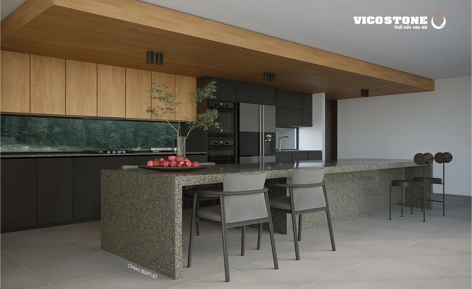 Đảo bếp mặt đá Vicostone Orissa® BQ9130 kết hợp tủ gỗ và ghế ăn