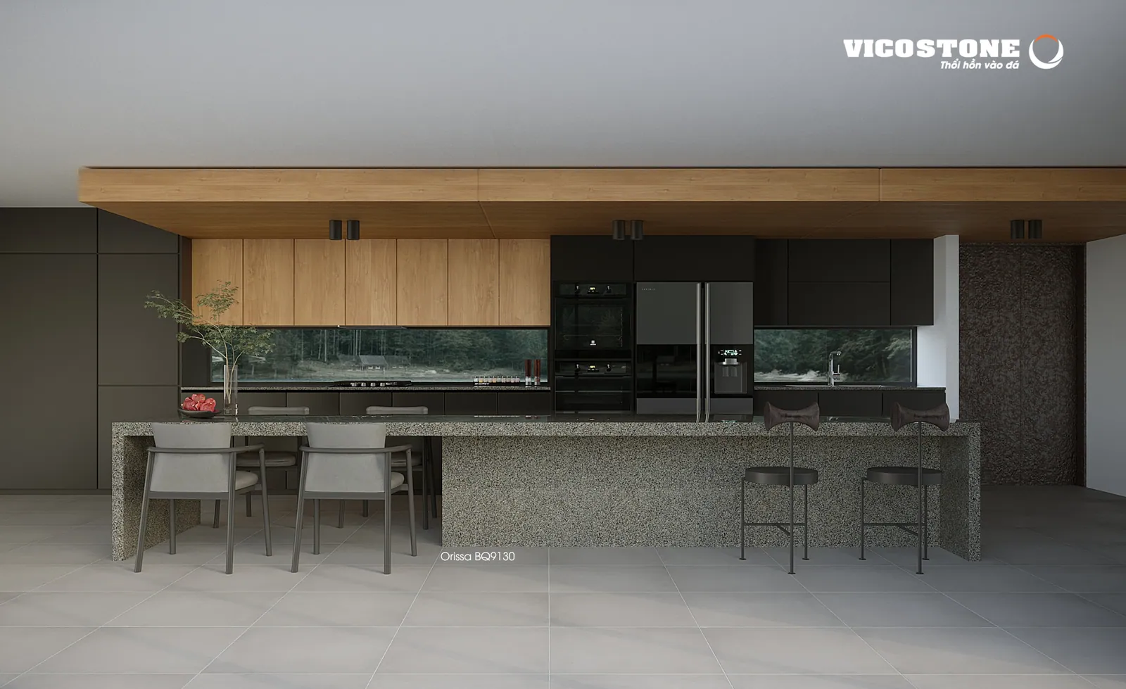 Đảo bếp mặt đá Vicostone Orissa® BQ9130 trong bếp tủ gỗ sáng